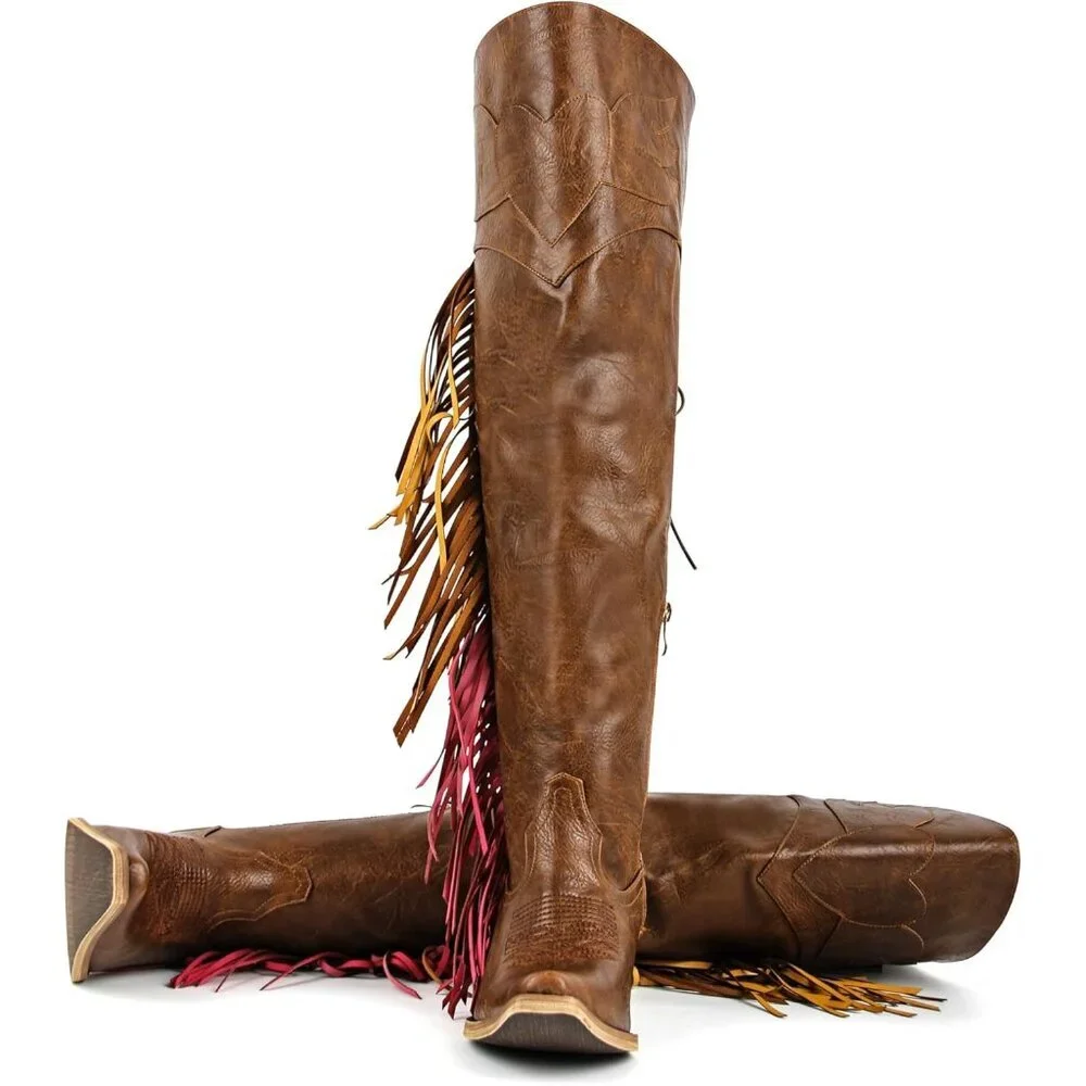 Women Brown Polyurethane Pointed Toe Fringe Adjustable Thigh High Cowgirl Boot